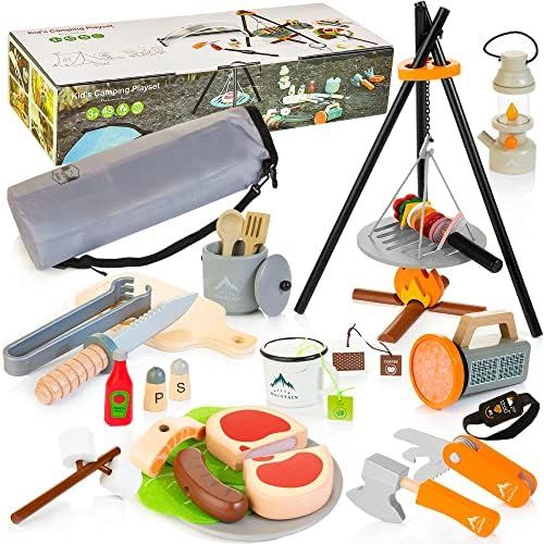 HELLOWOOD Wooden Camping Toys Set for Kids, 45 pcs Camping Gears and Grill Bonfire Toys with Play Fo | Amazon (US)