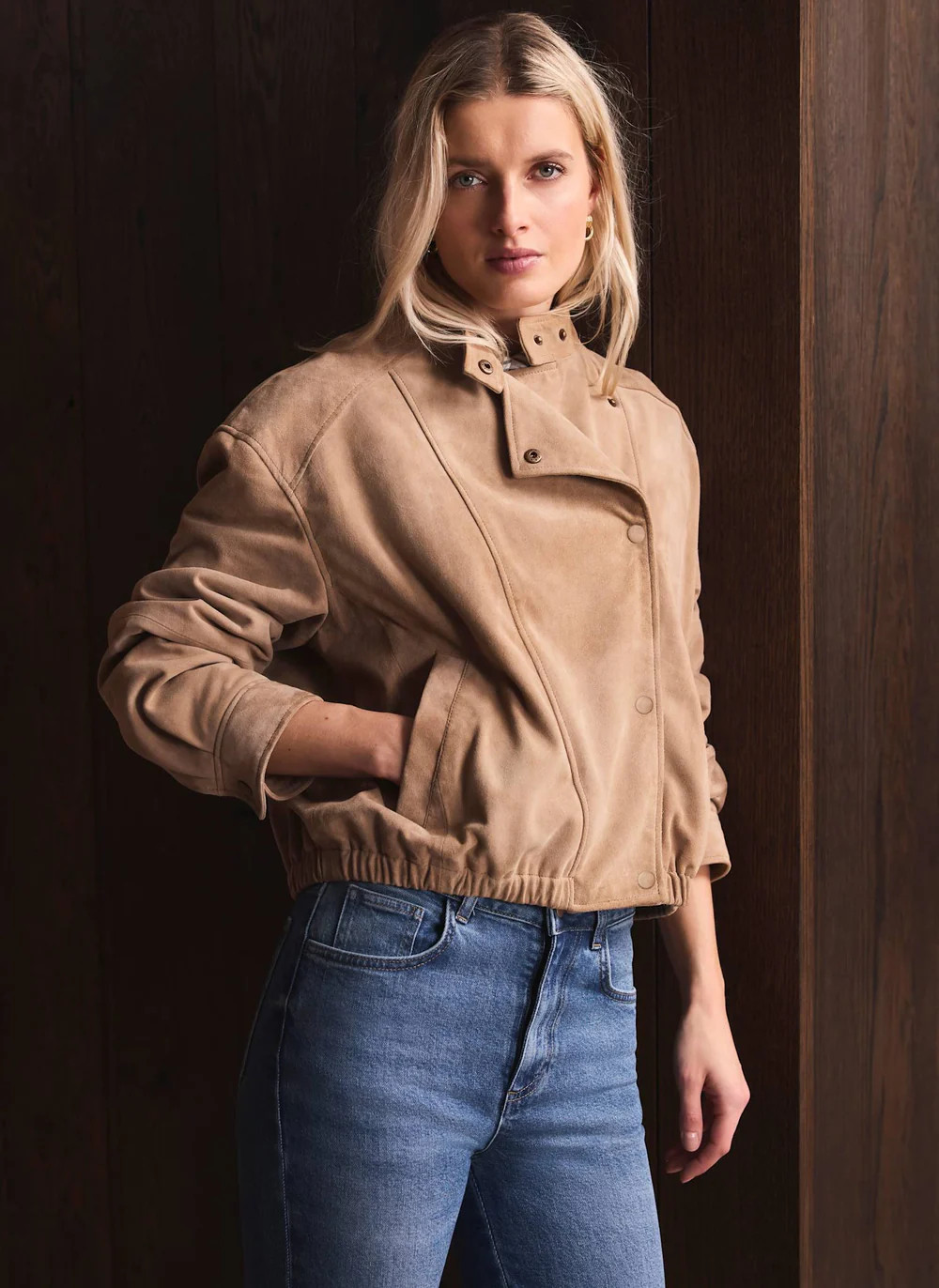 Neutral Suede Cropped Pilot Bomber Jacket | Mint Velvet