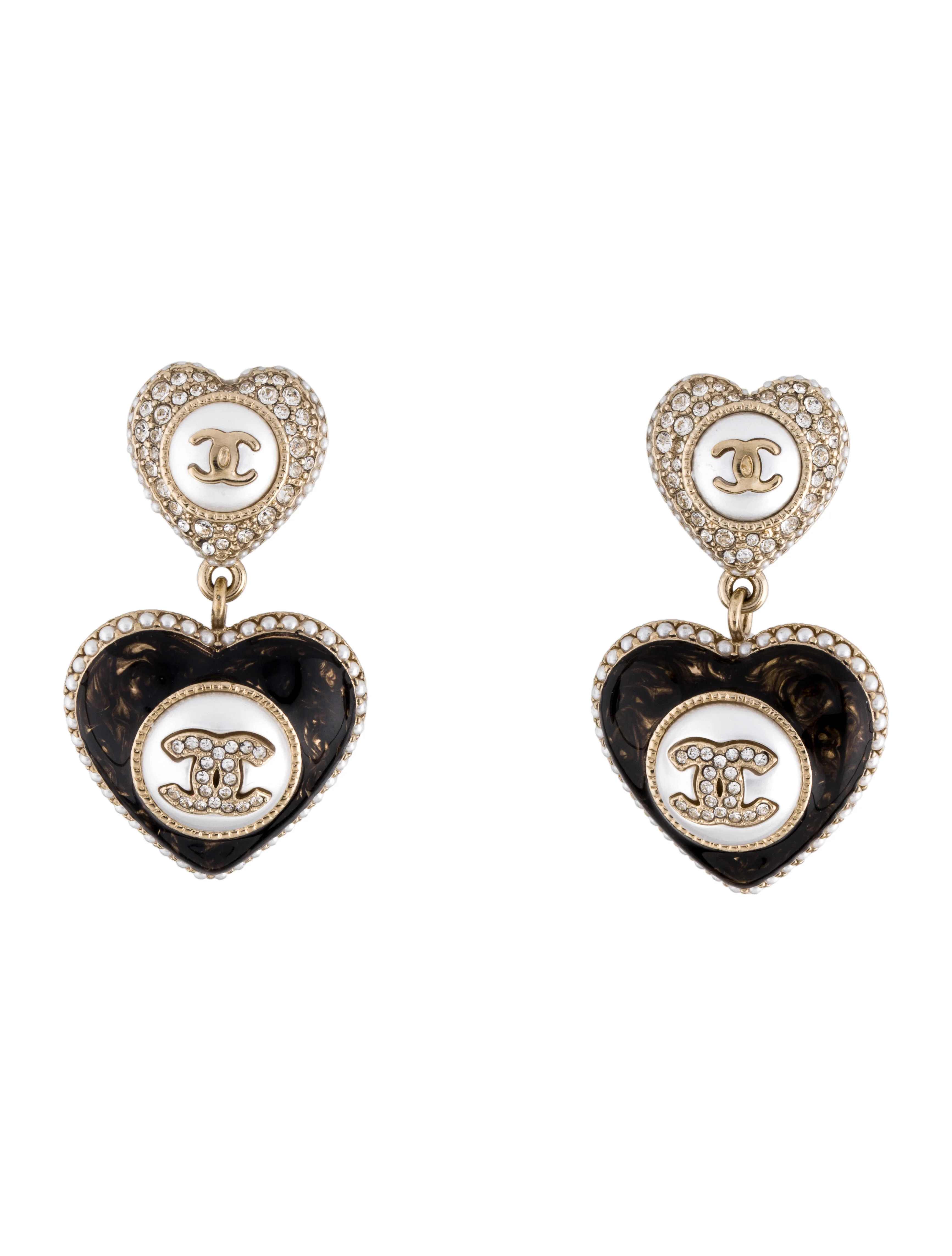 2022 Faux Pearl, Resin & Strass CC Heart Drop Earrings | The RealReal