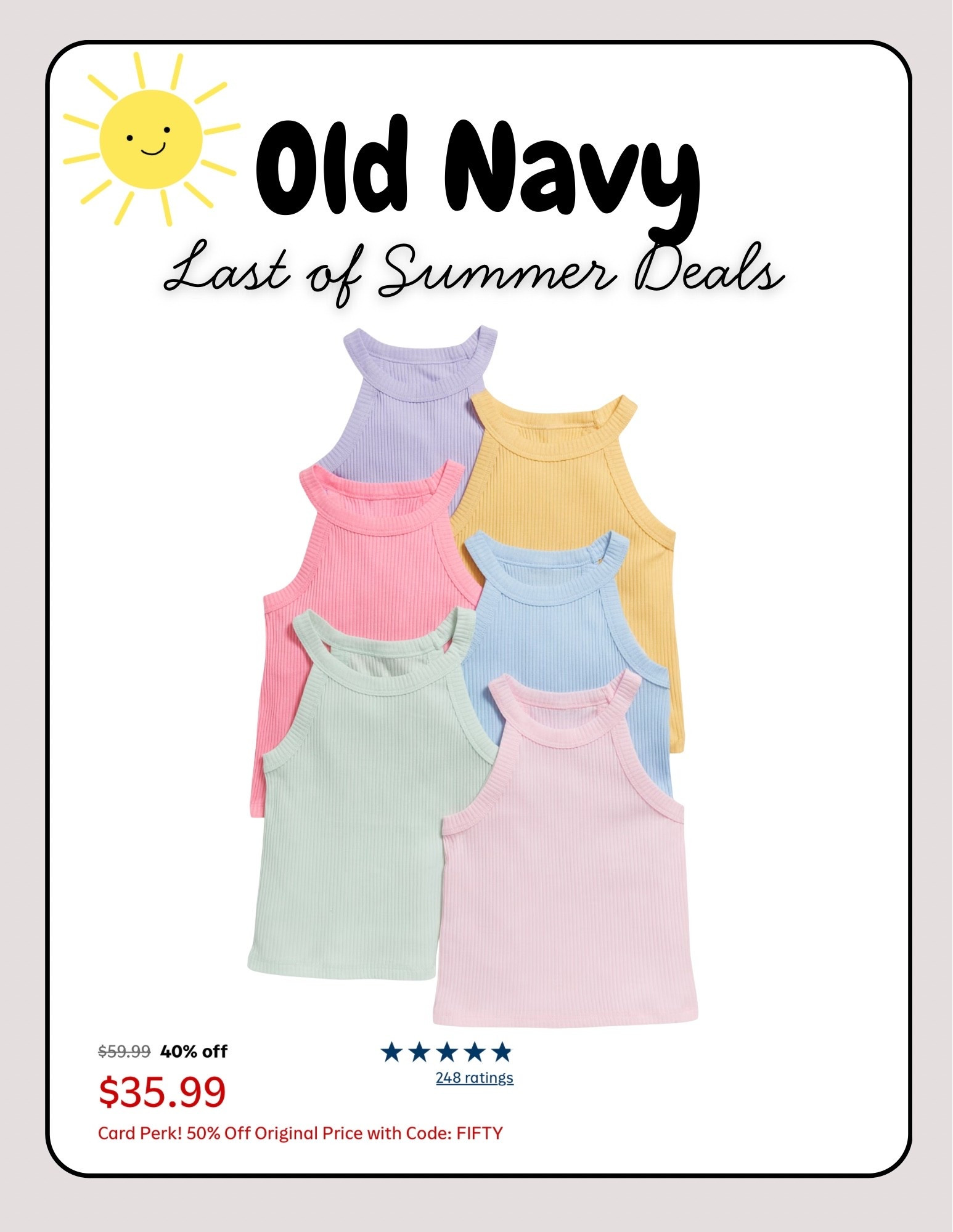 🚨Back-to-School Sale Find!🚨 These must-have toddler tank tops are 40% OFF right now at Old Navy! 🎉 Perfect for summer AND layering into fall 🍂 — and they come in the cutest mix of colors. 👕💛💙💚

Snag this 6-pack while it’s on major sale — sizes are going fast! 🏃‍♀️🛍️

🛒 Linked on my LTK under Toddler Basics | #OldNavyStyle #ToddlerFinds #BackToSchoolDeals #MomLifeStyle #LTKSale #LTKBaby #ToddlerWardrobe #SummerToFallStyle #BudgetMomFinds

#LTKSwim #LTKSeasonal #LTKKids
