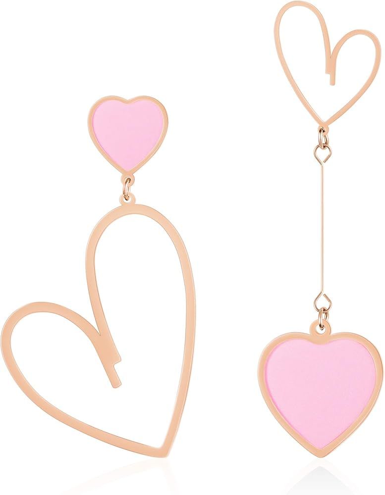 Linawe Asymmetrical Mismatched Heart Stud Earrings for Women Dangling Love Drop Dangle Gold & Rose G | Amazon (US)