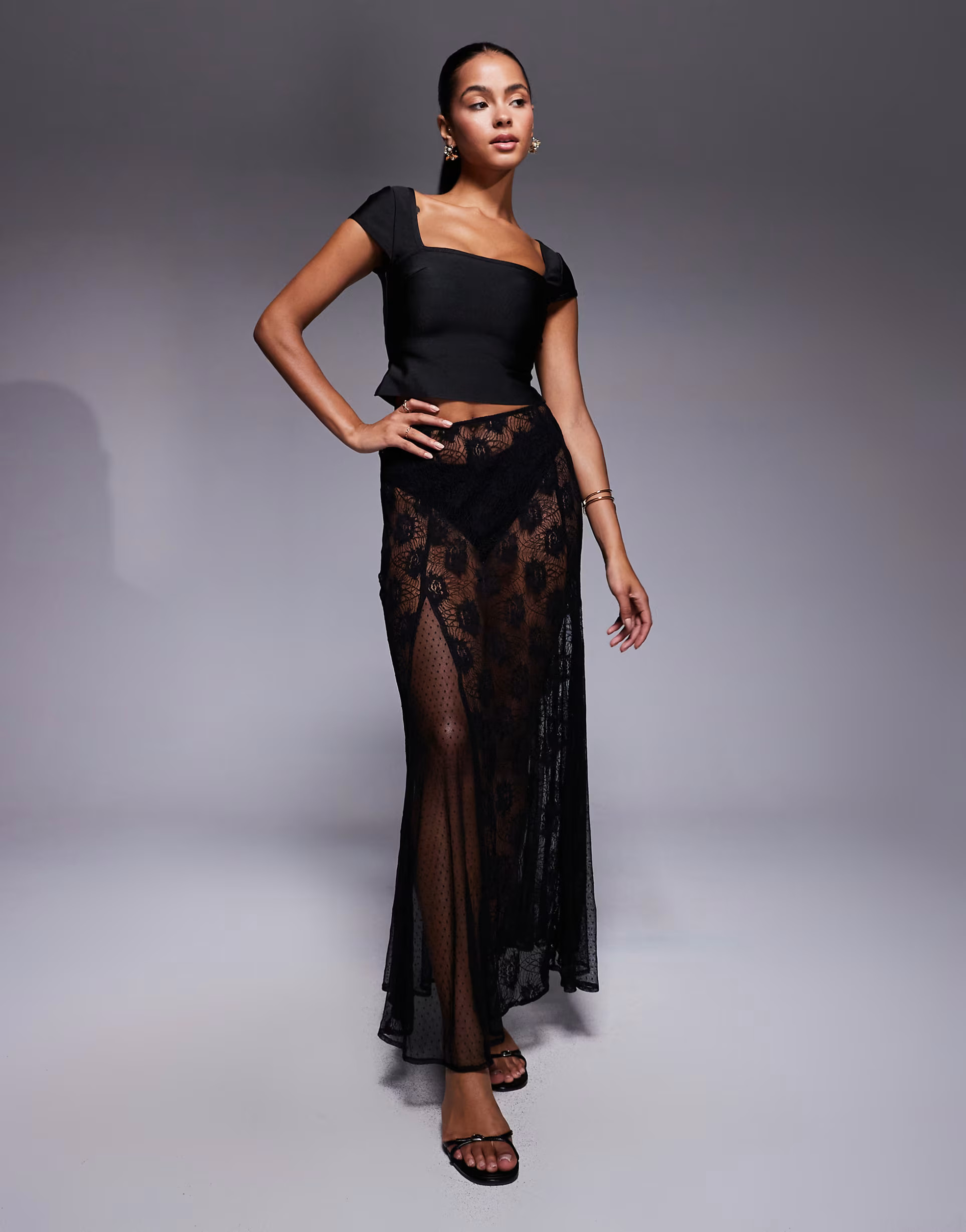 ASOS DESIGN sheer godet lace mix maxi skirt in black | ASOS (Global)