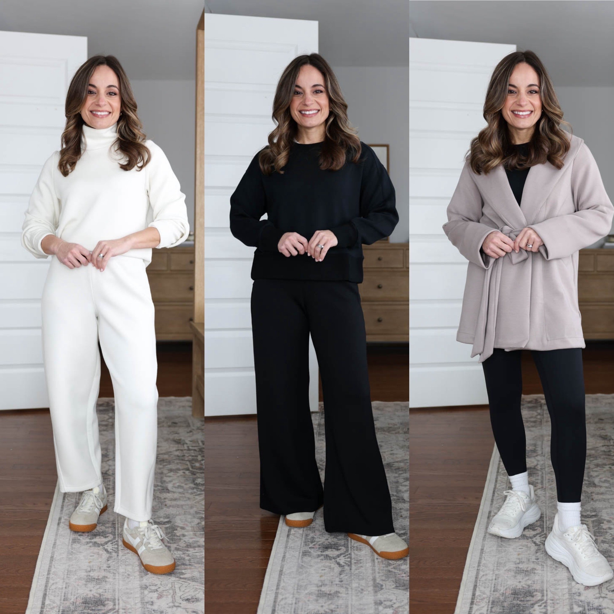 Winter ready active and loungewear finds from @spanx #SpanxPartner 

AirEssentials Luxe Barrel Leg Pants: Petite XS in ivory
AirEssentials Luxe Turtleneck: XS in ivory
AirEssentials Wide-Leg Pants: Petite XS in black 
AirEssentials Luxe Crewneck Sweatshirt: XS
AirEssentials Luxe Cardigan: XS in coastal fog 
⅞ Booty Boost Leggings: XS in black 
