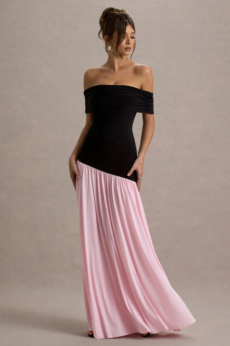 Venezia  Black & Pink Bardot Puff-Skirt Maxi Dress | Club L London