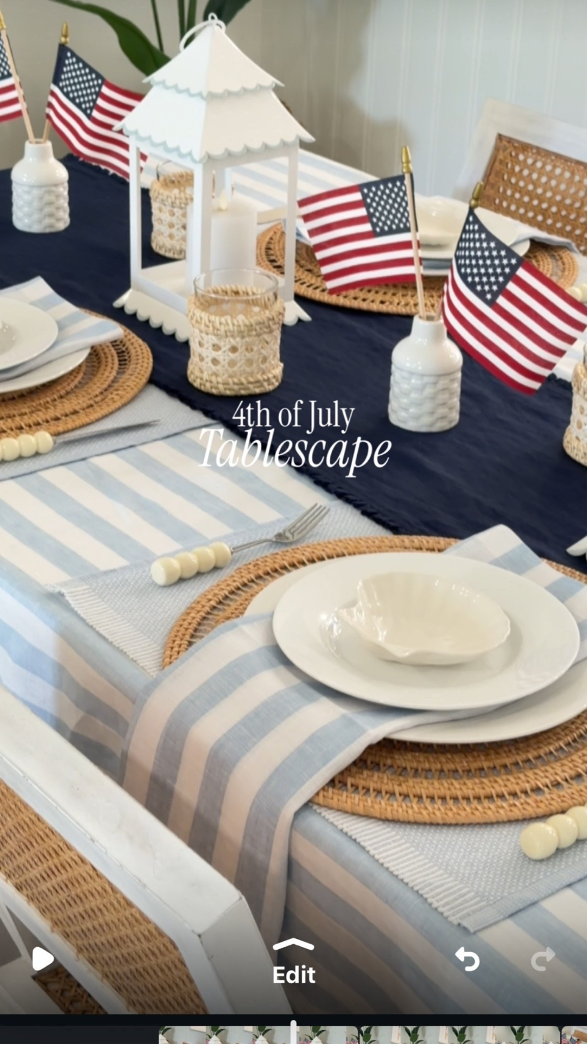 4th of July Tablescape Inspiration 🇺🇸🐚

If you’re looking for 4th of July tablescape ideas, this coastal patriotic table setting is simple, timeless, and easy to recreate. I love mixing classic red, white, and blue decor with woven rattan chargers, soft blue striped linens, crisp white dishes, lanterns, and subtle Americana accents for a look that feels festive without being overdone.

This is the perfect summer tablescape for hosting a Fourth of July BBQ, Independence Day dinner, Memorial Day celebration, Labor Day gathering, or coastal summer entertaining. Sometimes, all it takes is a few American flags, beautiful linens, and natural textures to create a table that feels elevated and welcoming.

✨ Save this for your 4th of July hosting ideas

@Solino Home

#LTKdayinmylife #LTKSeasonal #LTKHome