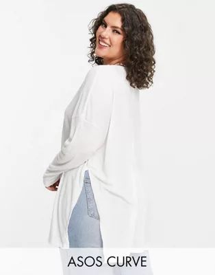 ASOS DESIGN Curve top with side slits and long sleeve in clean rib in white | ASOS (Global)