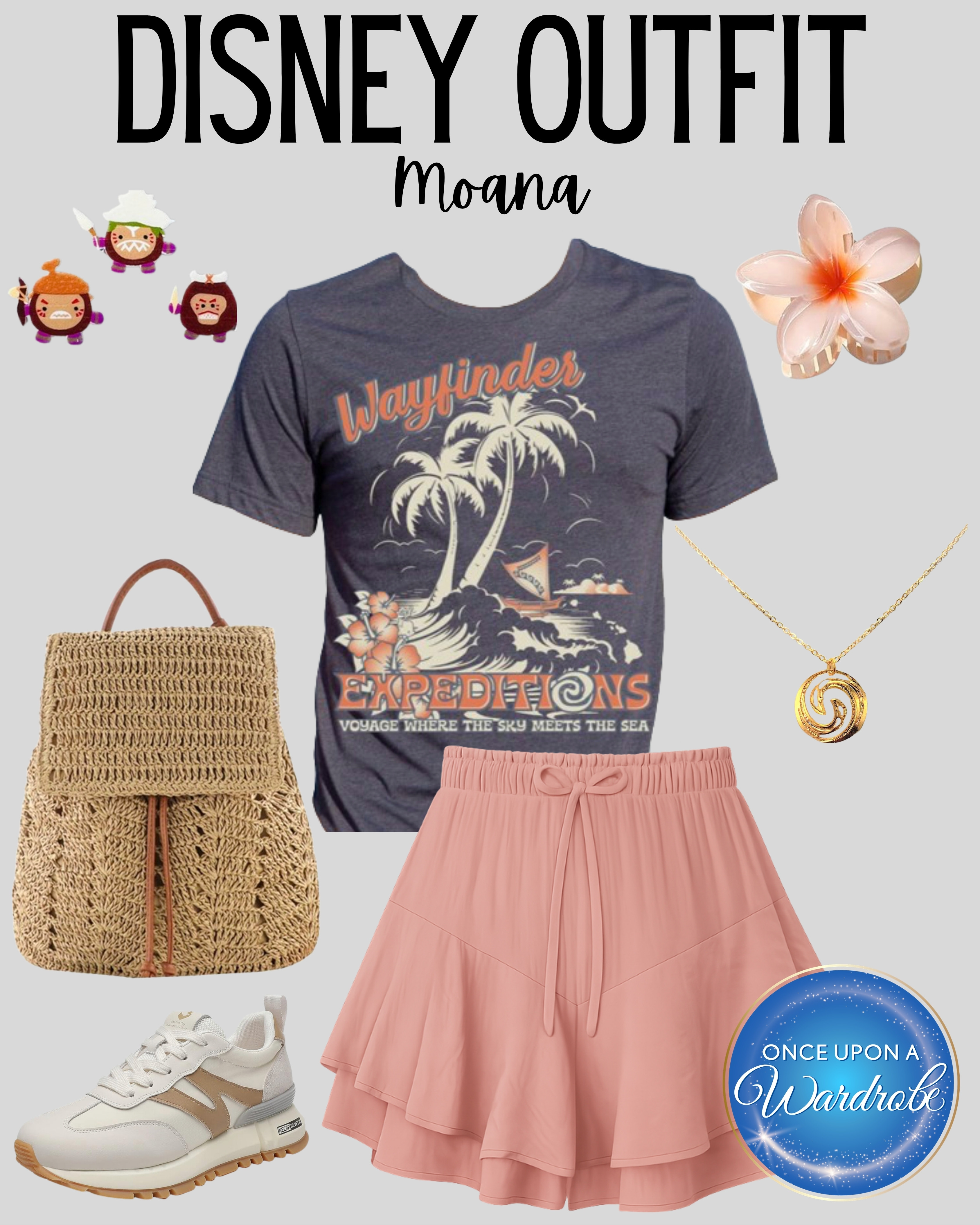Moana inspired Disney outfit idea for a comfy park day, EPCOT outfit, Disney Cruise look, or tropical vacation style 🌺 This one has a Wayfinder tee, pink skort, woven backpack, neutral sneakers, flower clip, and ocean-inspired accessories for an easy Disney look that still feels pulled together. 

 #LTKootd #LTKmomlife #LTKTravel