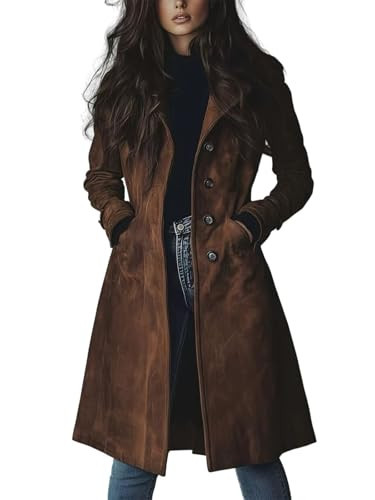 utcoco Womens Long Suede Trench Coat Single Breasted Leather Trench Overcoat with Pocket (X-Small, Dark Brown) | Amazon (US)