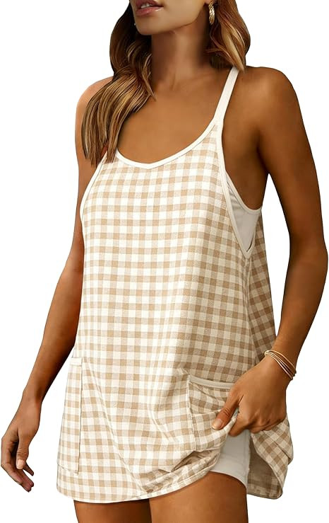 Qiaomai Womens Gingham Athletic Sleeveless Mini Dress with Built-in Shorts Plaid Check V Neck Spa... | Amazon (US)