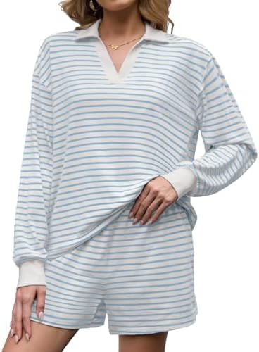2 Piece Sets for Women Stripe Knit Lounge Sets Long Sleeve Polo Shirts Shorts Fall Fashion Travel... | Amazon (US)