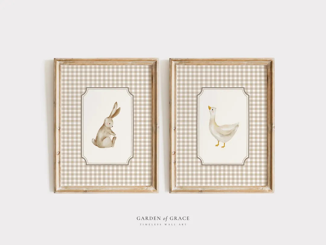 Cute Goose and Bunny Nursery Wall Art Set of 2, Farmhouse Kid's Room Decor, Farm Animal Print | B... | Etsy (US)
