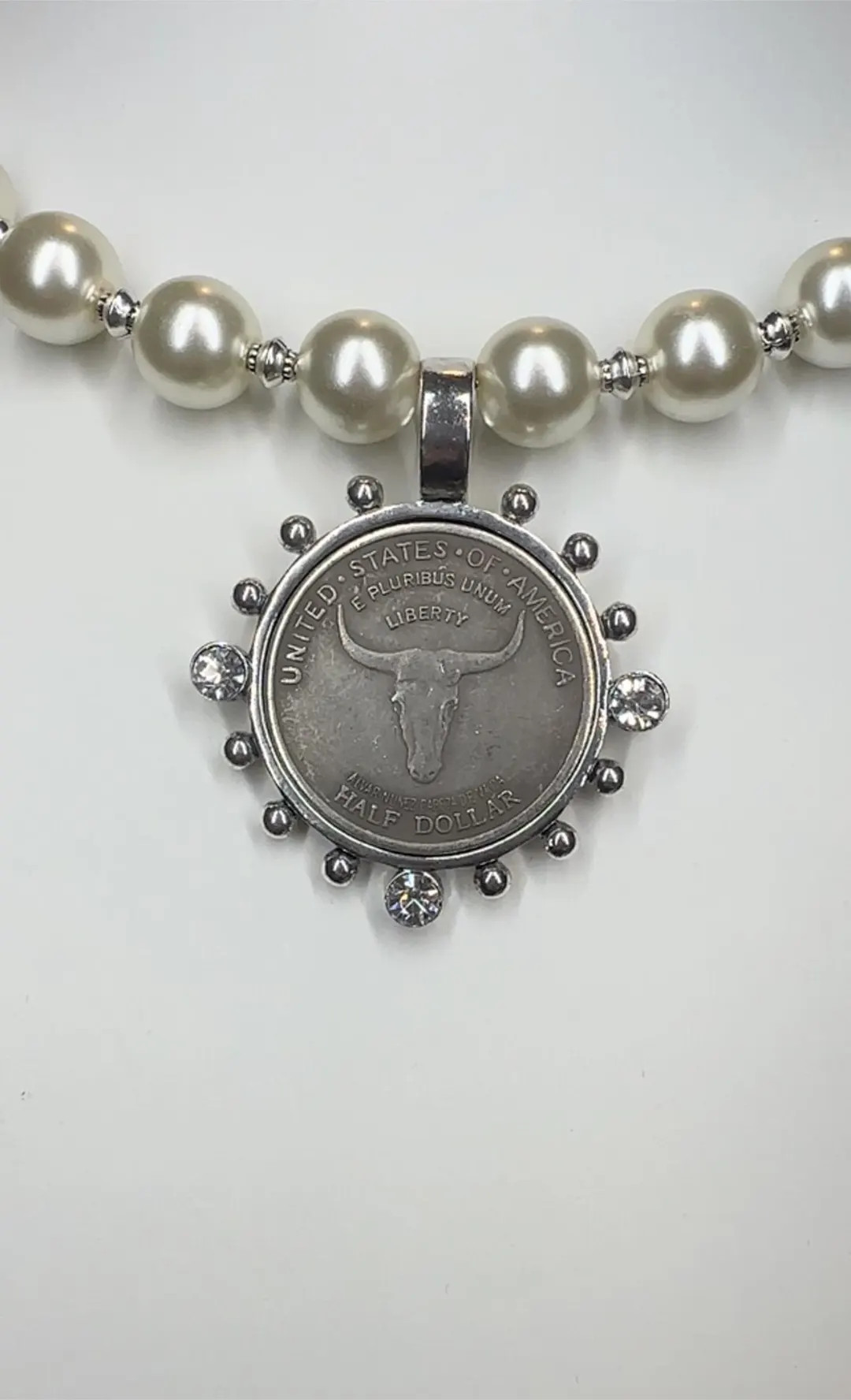 Antique Silver Longhorn Coin Pendant Pearl Choker Vintage Coin Pendant Rhinestone Coin Bezel Meda... | Etsy (US)