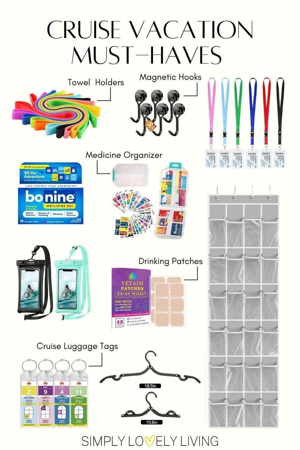 Cruise vacation MUST HAVES! Royal Caribbean cruise vacay. Towel bands. Magnetic hooks, sea pass holders for the whole family with detachment clip. Bonnie non drowsy nausea tablets. Drink without a hangover patches. Over the door organizer. Pill organizer. Waterproof phone covers. Extendable hangers, luggage tag holders. #cruise

#LTKKids #LTKSwim #LTKTravel