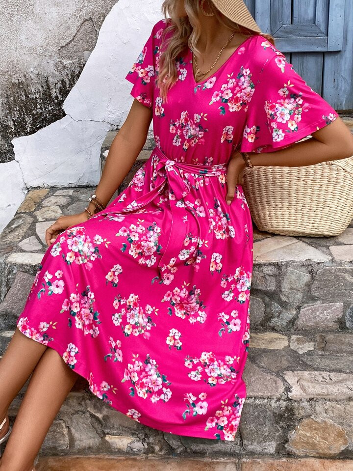 SHEIN VCAY Floral Print Butterfly Sleeve Belted Dress | SHEIN