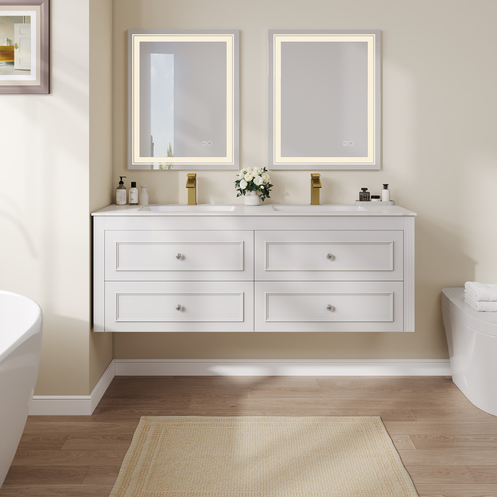 59.1"" Floating Bathroom Vanity Set Ceramic Top with Undermounted Double Sinks & 4 Drawers in White | Homary