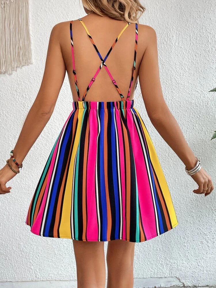 SHEIN VCAY Rainbow Striped Print Crisscross Backless Cami Dress | SHEIN