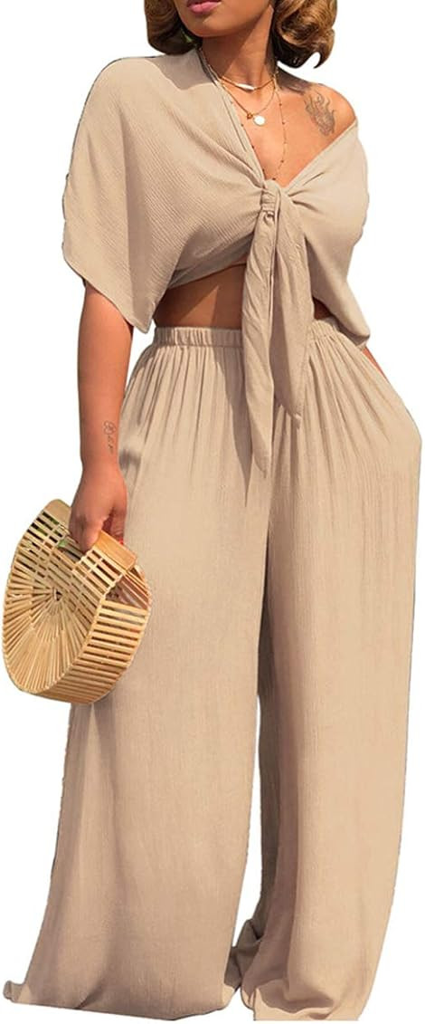Aro Lora Women's 2 Piece Jumpsuit Ruched Sleeveless Crop Top Ruffle Wide Leg Pant Set Romper Outfit | Amazon (US)
