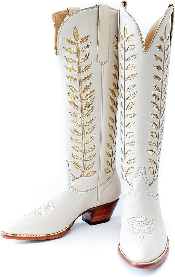 Embroidered Cowboy Boots for Women Almond Round Toe Chunky Heel Cowgirl Boots Pull On Knee High W... | Amazon (US)