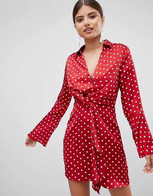 Missguided exclusive twist front flare sleeve polka dot mini dress | ASOS US