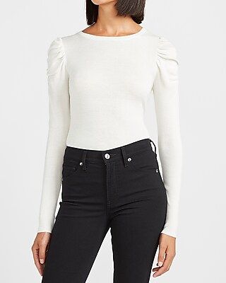 Ruched Sleeve Crew Neck Sweater White Women's XS | Express