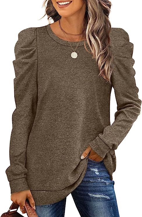 Womens Sweatshirt Crew Neck Puff Sleeve Pullover Sweaters Winter Clothes Trendy Flowy | Amazon (US)