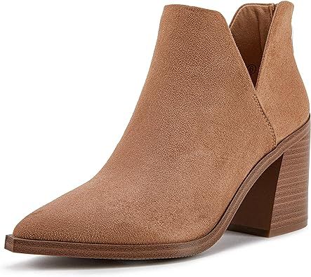 Womens Pointed Toe Chelsea Boots Cutout Stacked Slip On Chunky Block High Heel Booties | Amazon (US)