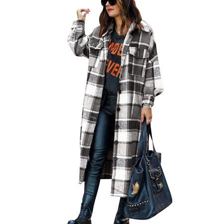 HangNiFang Oversized Flannel Plaid Long Shirts Shacket Jacket for Women Long Sleeve Button Down Blac | Walmart (US)