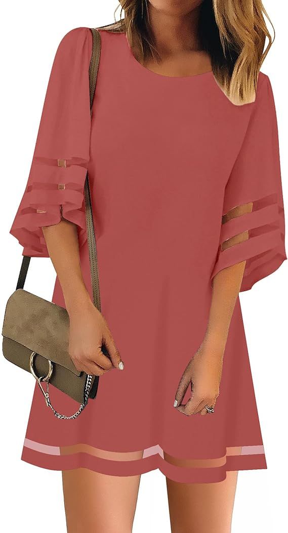 LookbookStore Women Casual Crewneck Mesh Panel 3/4 Bell Sleeve Loose Tunic Dress | Amazon (US)
