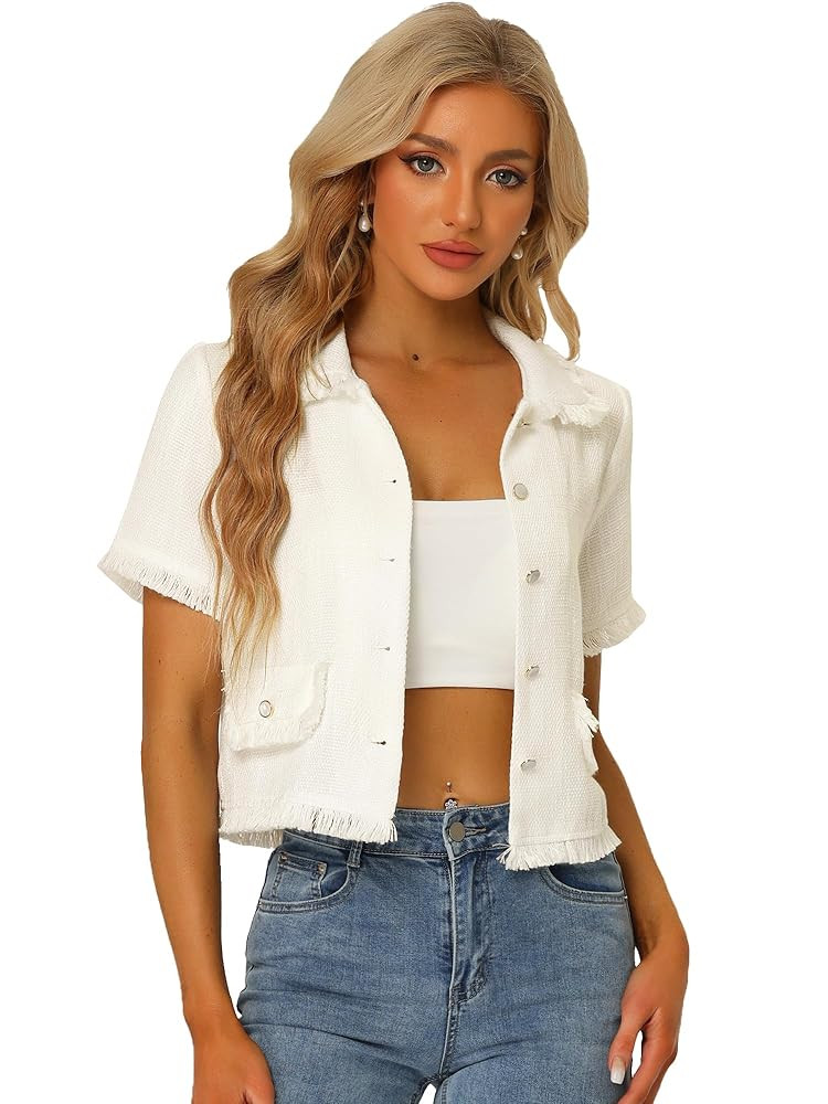 Allegra K Women's Tweed Shirt with Tassel Cropped Length Summer Short Sleeve Shirt | Amazon (US)
