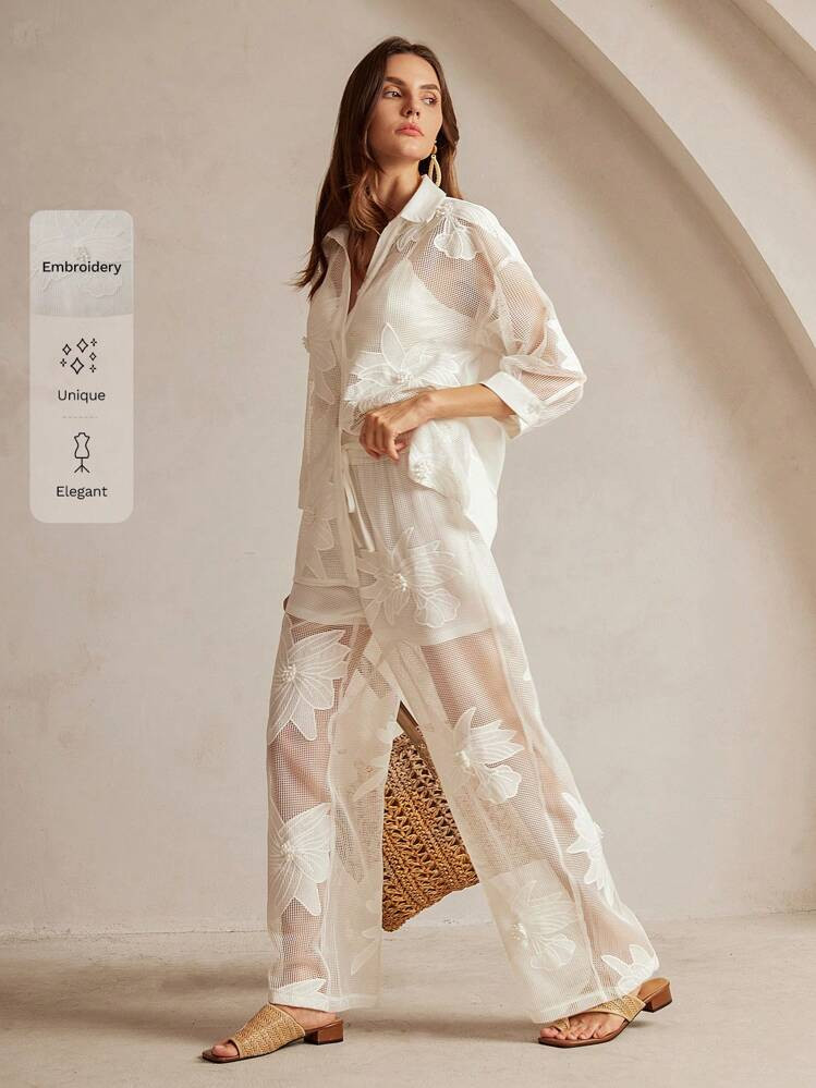 Anewsta 2 Piezas Conjunto Romántico Francés Blanco Casual Con Bordado Floral Calado | SHEIN