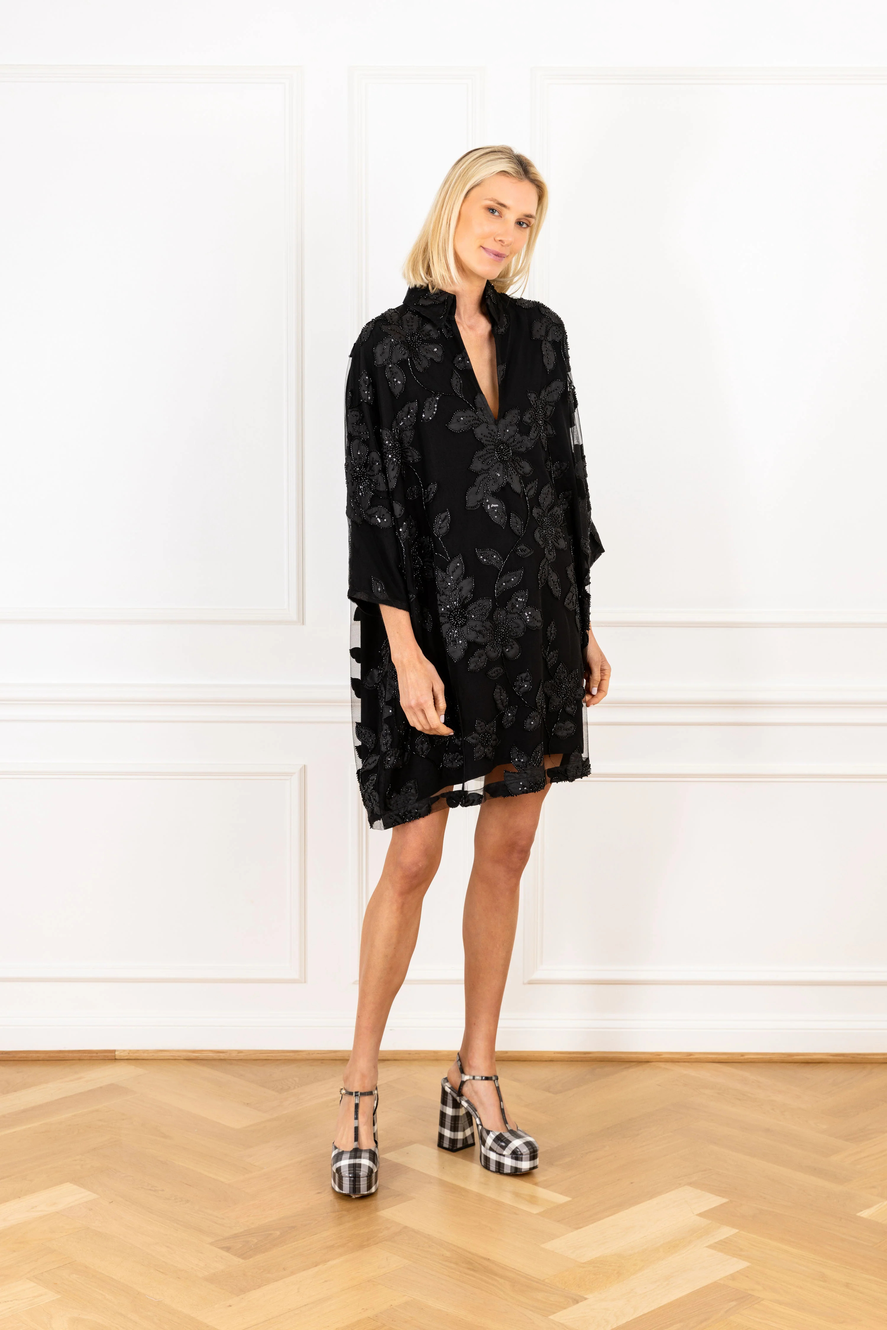 Black Tonal Beaded Mini Everyday Dress | La Vie Style House