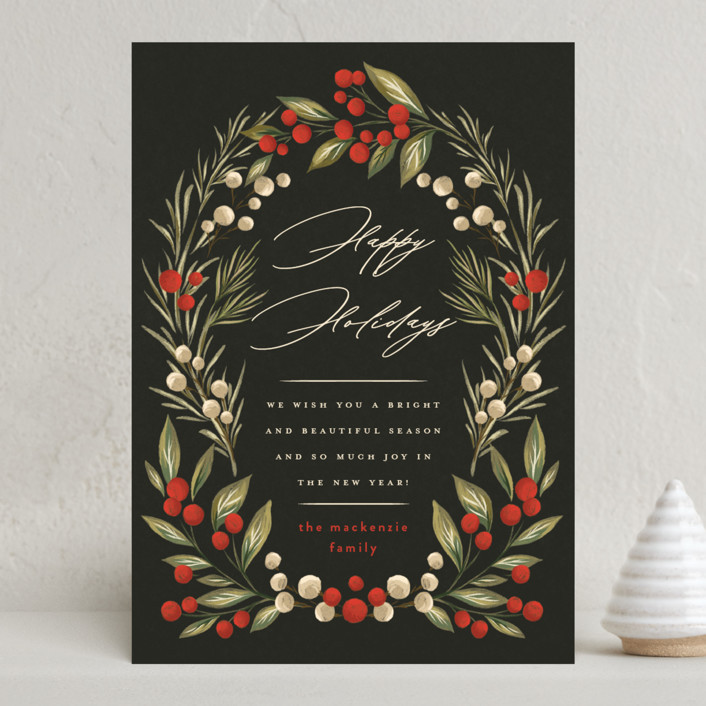 "Holly Berry + Pine" - Customizable Holiday Cards in Green by Wildfield Paper Co. | Minted