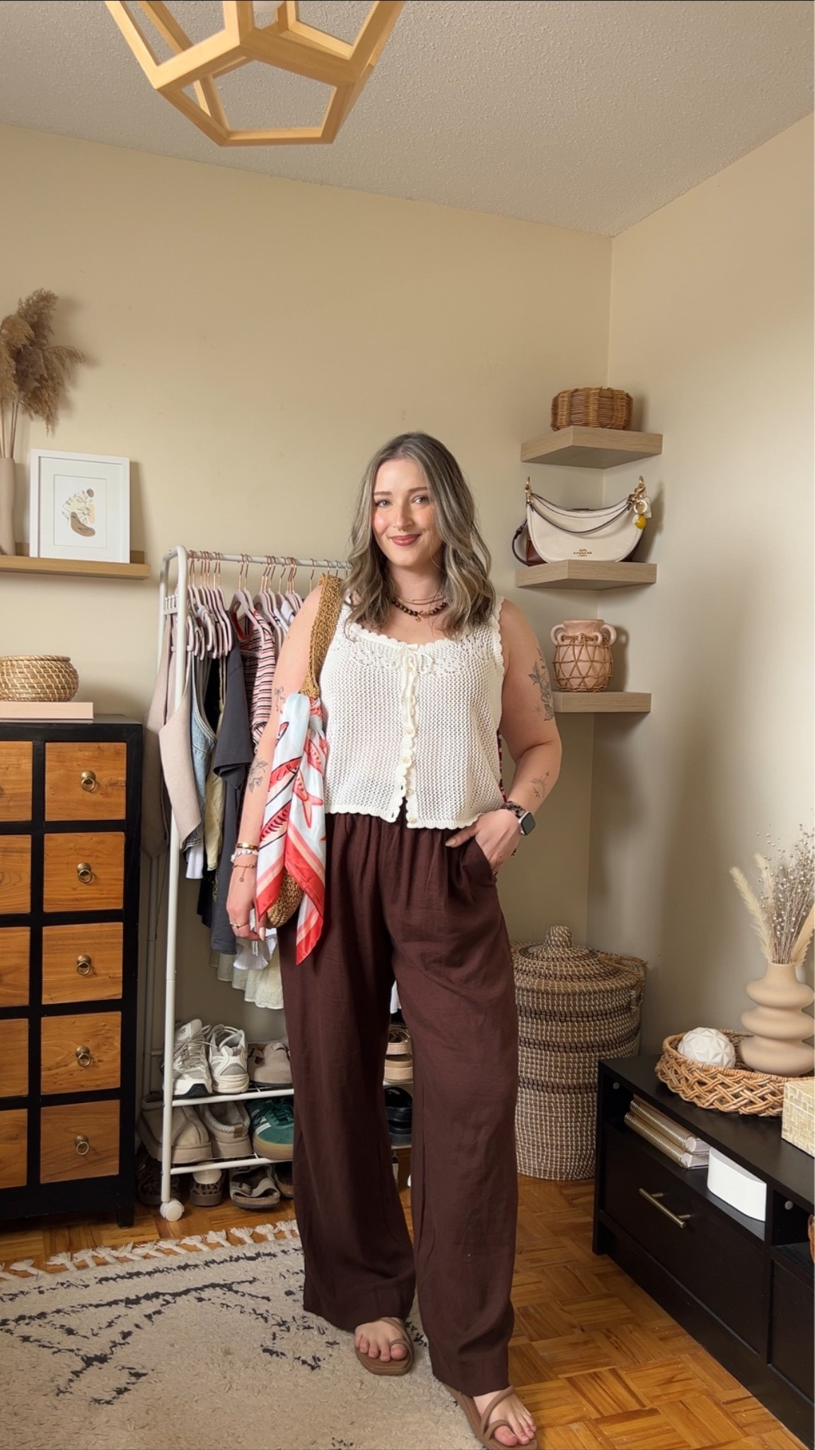 Casual summer outfit! Canadian links are under “similar products”Wearing my usual size L in the crochet tank top, and L tall in the linen pants. I’m a 9.5-10 and wear a 10 in the Crocs sandals

#LTKsummer #LTKsale #LTKmidsize