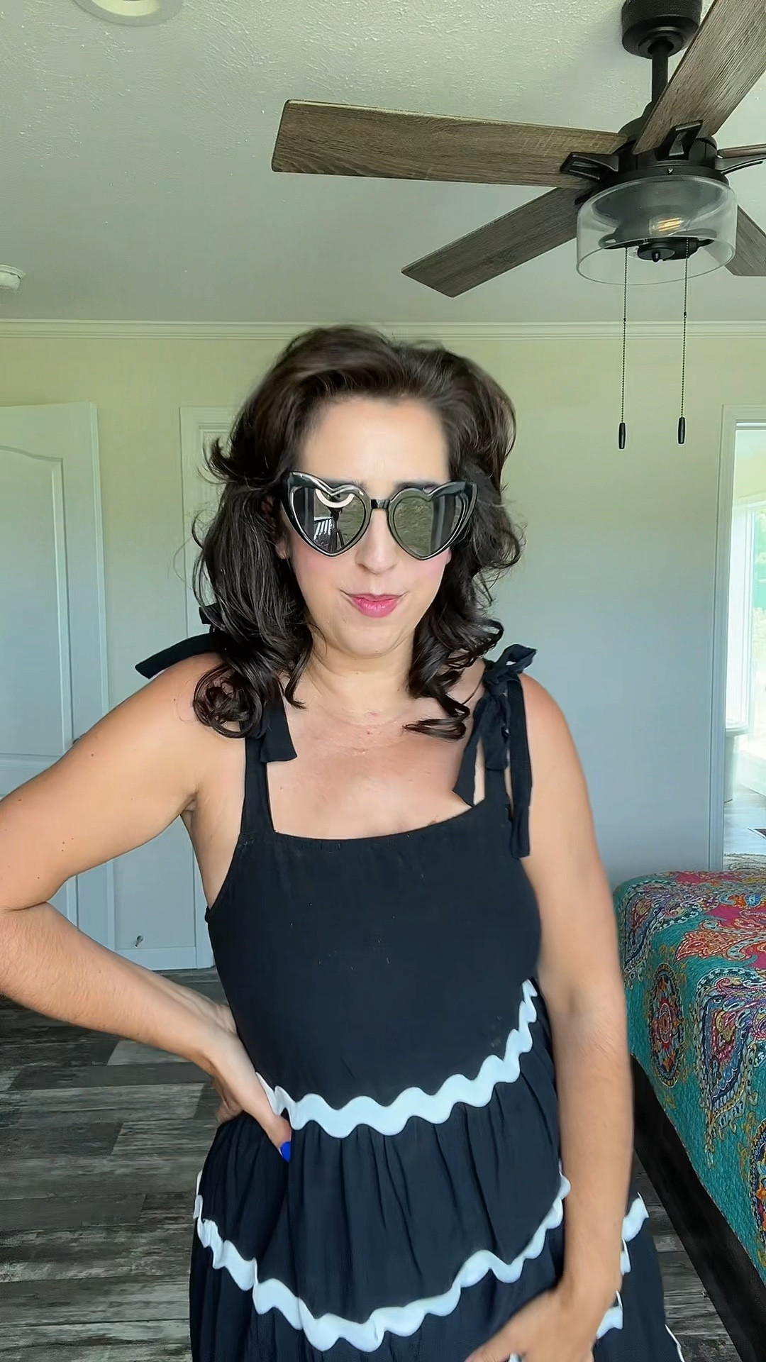 Sunglasses 
Heart shaped sunglasses 
Cat eye sunglasses
Tie shoulder dress
Ric rac dress
Sundress
Summer style 

#LTKStyleTip #LTKFindsUnder50 #LTKSeasonal