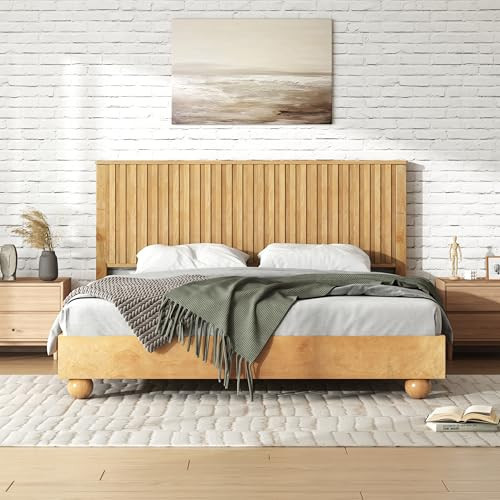 Merax Queen Size Bed Frame with Reeded Headboard, Natural Wood Platform Bed Frame with Sturdy Wooden Support Slats, No Box Spring Needed, Holds up to 800 Pounds, Noise-Free, Easy Assembly | Amazon (US)