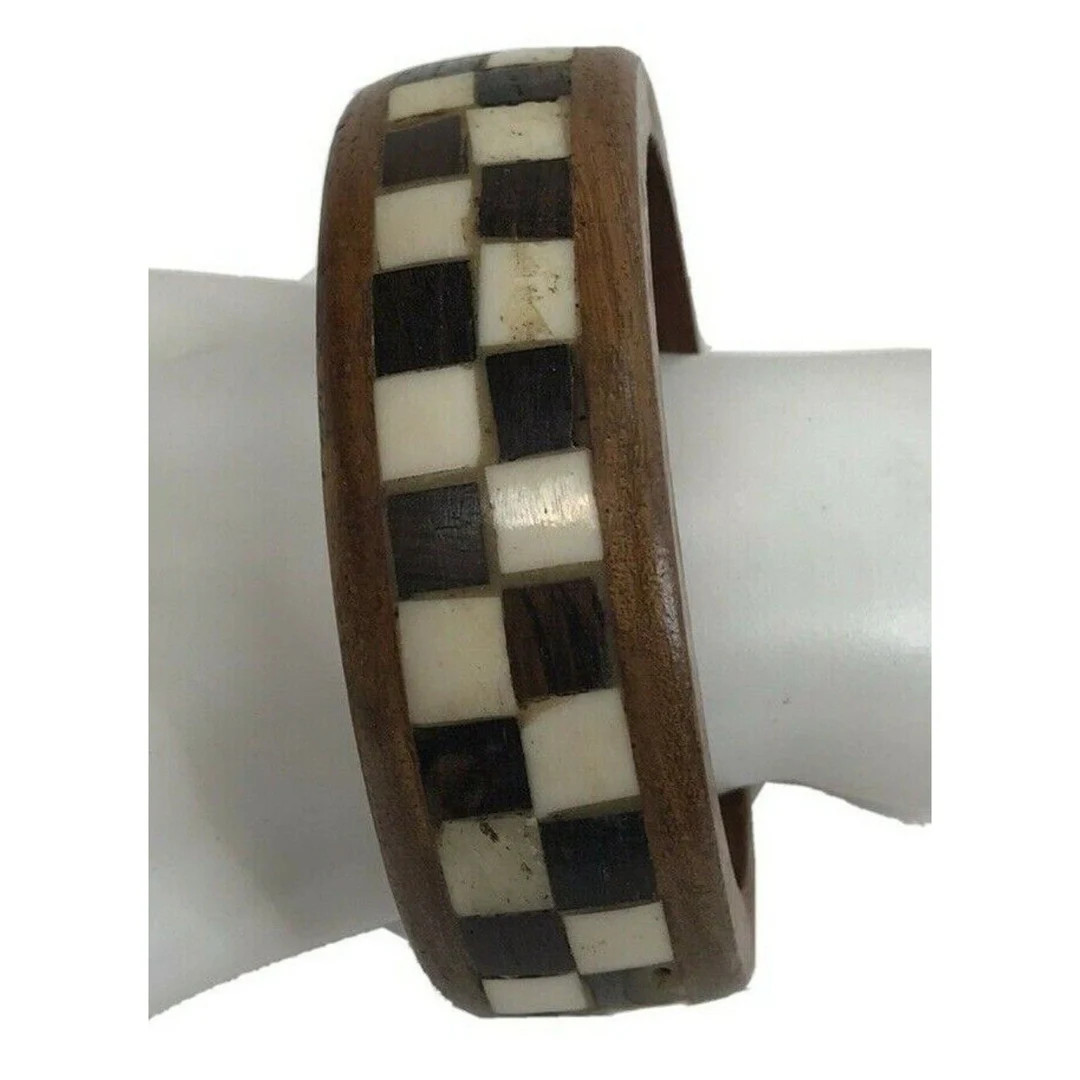 Vintage Bangle Bracelet Wood Checkerboard Black White Inlay Boho Tiki Tribal Chunky | Etsy (US)
