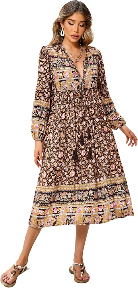 R.Vivimos Women's Long Sleeve Floral Print Retro V Neck Tassel Bohemian Midi Dresses | Amazon (US)