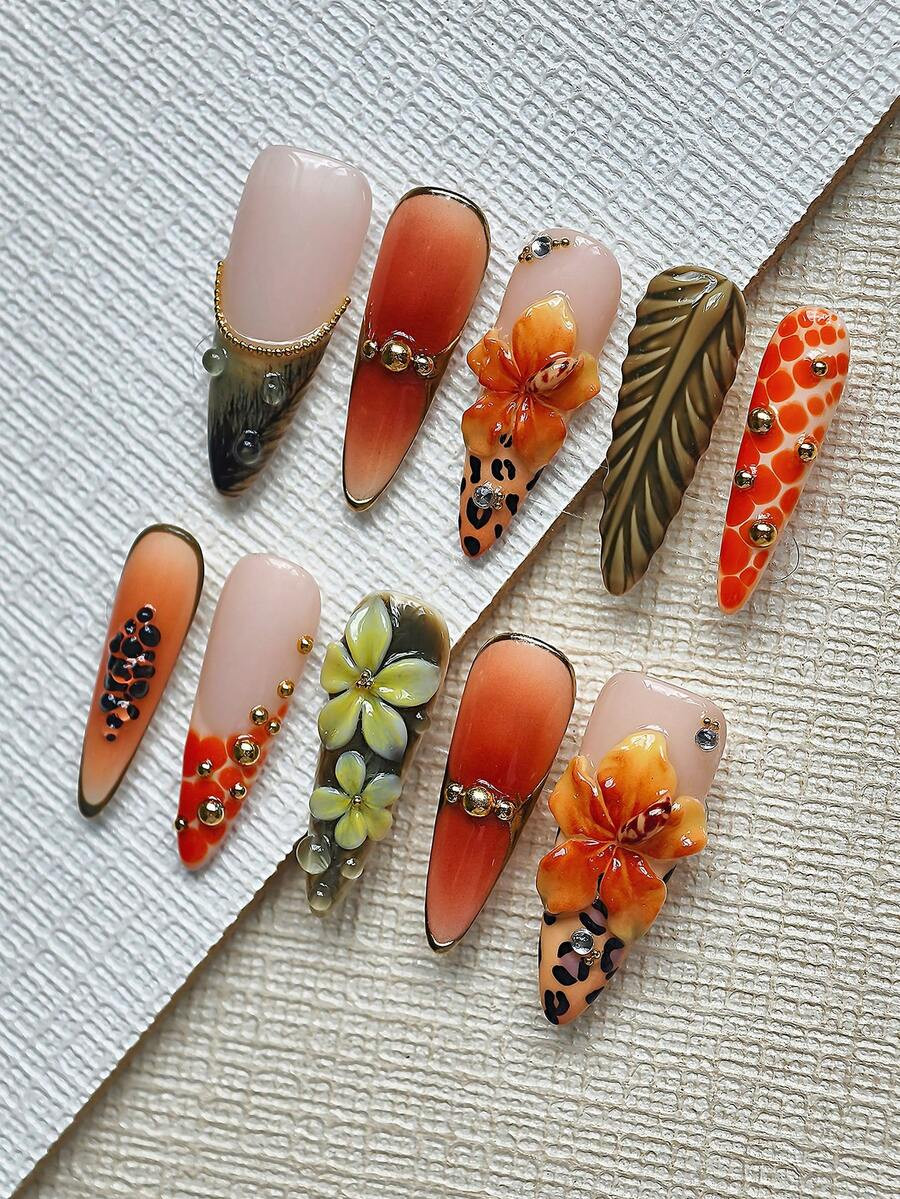 Goth Elegance Press On Nails Stiletto Long 10Pcs - Enchanted Forest French Tip With 3D Branch Flo... | SHEIN