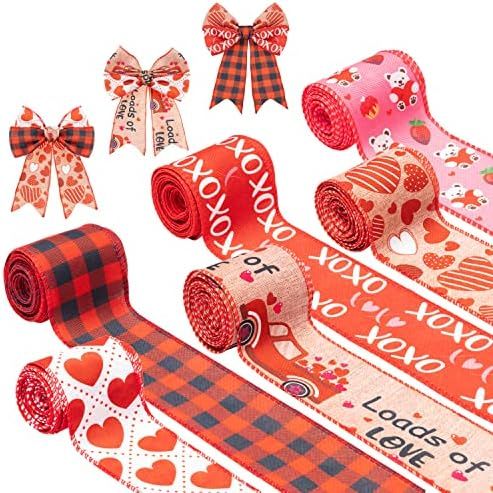 3sscha 6 Rolls Valentine Wired Edge Ribbons Loads of Love XOXO Bear Heart 2.5in x 30 Yards Romanc... | Amazon (US)