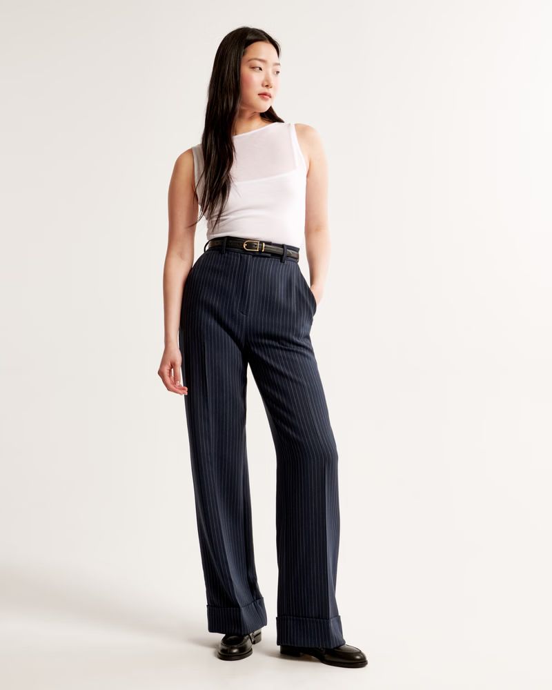 Cuffed Hem Tailored Wide Leg Pant | Navy Blue Pants | Work Wear Style | Abercrombie & Fitch (US)