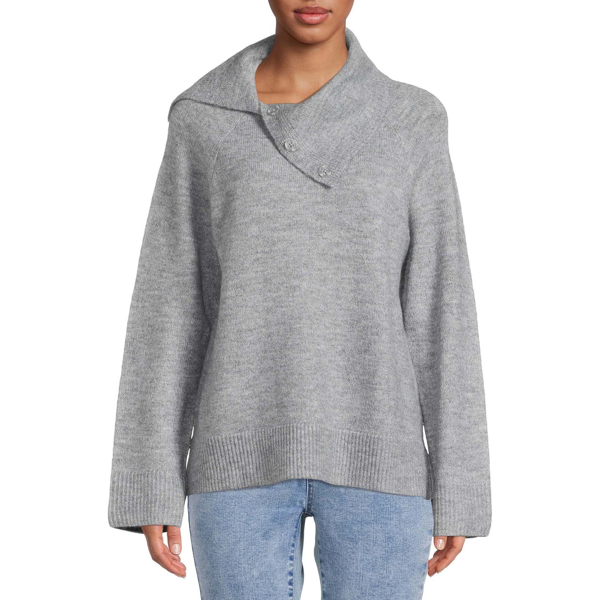 Time and Tru Women's Long Sleeve Split Neck Collar Sweater | Walmart (US)