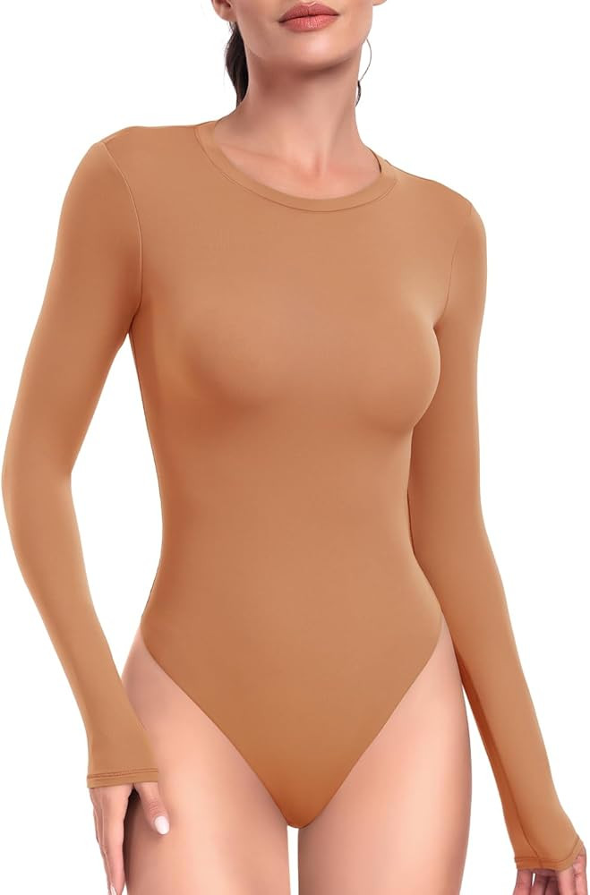 HeyNuts Women's Ultra Soft Long Sleeve Crew Neck Bodysuit, Slimming Fit Tops Basic Tee | Amazon (US)