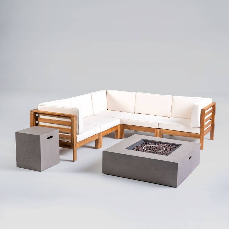 Oana 7pc Acacia V-Shaped Sectional Sofa Set with Fire Pit - Teak/Beige/Light Gray - Christopher K... | Target