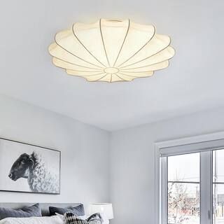 Kateo 23 5/8" W 3-Light White Oval Umbrella Shell Semi-Flush Mount with Cream Faux Silk Shade for... | The Home Depot