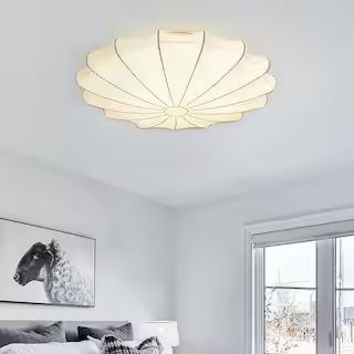 Kateo 23 5/8" W 3-Light White Oval Umbrella Shell Semi-Flush Mount with Cream Faux Silk Shade for... | The Home Depot
