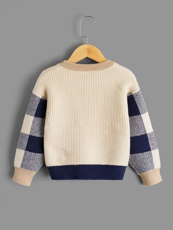 SHEIN Kids EVRYDAY Toddler Boys Buffalo Plaid Pattern Pocket Patched Sweater4.98(100+) | SHEIN