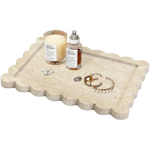Prolee Scalloped Marble Tray,Marble Vanity Trays for Bathroom 12" x 9", Scalloped Tray,Wave Appearance Jewelry Home Decor Stone Trays for Kitchen Counter, Bathroom, Beige Travertine | Amazon (US)