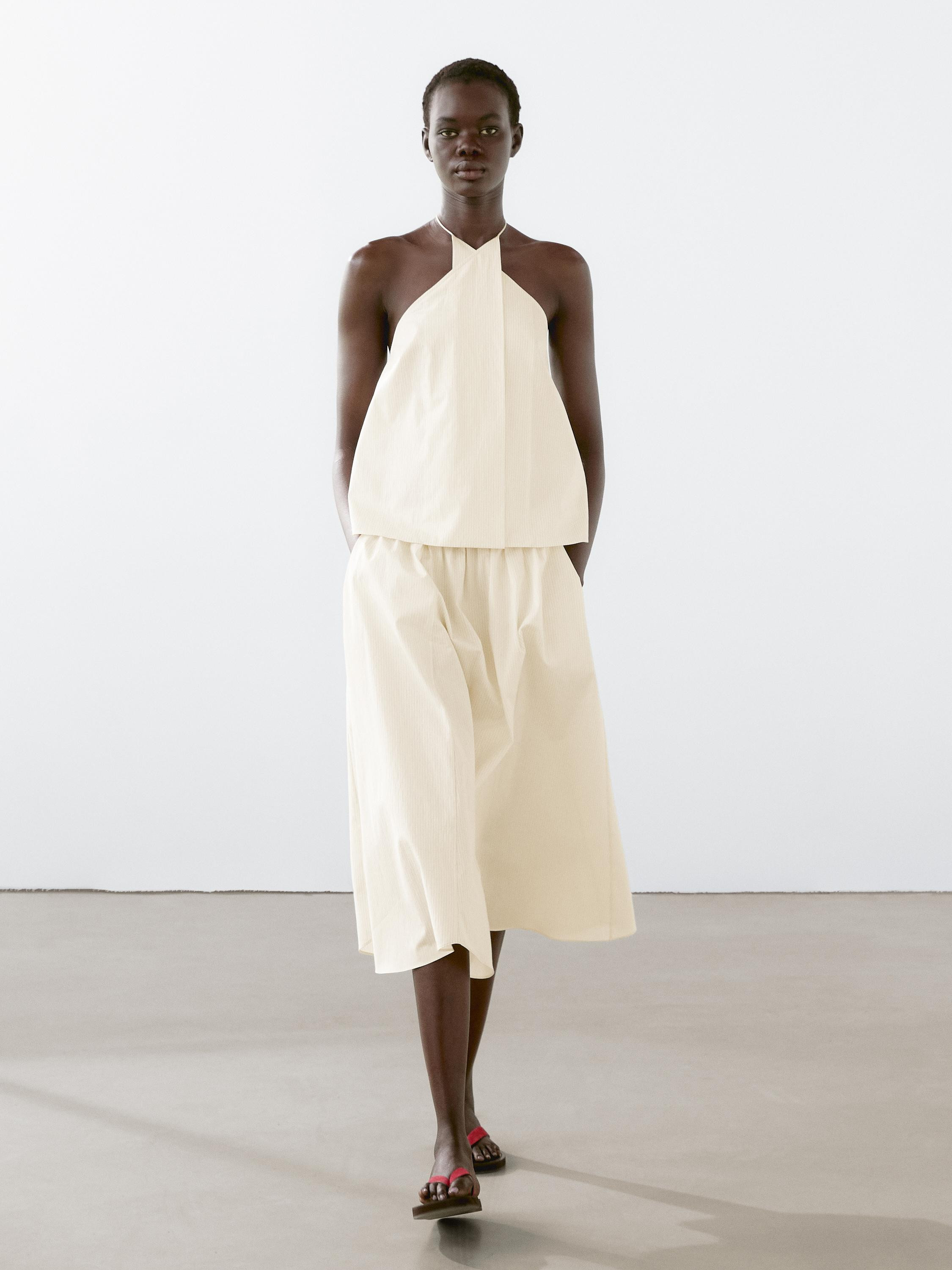 Midi skirt made with cotton blend fabric. Elastic waist. Cotton lining. Striped detail. Matching ... | Massimo Dutti UK