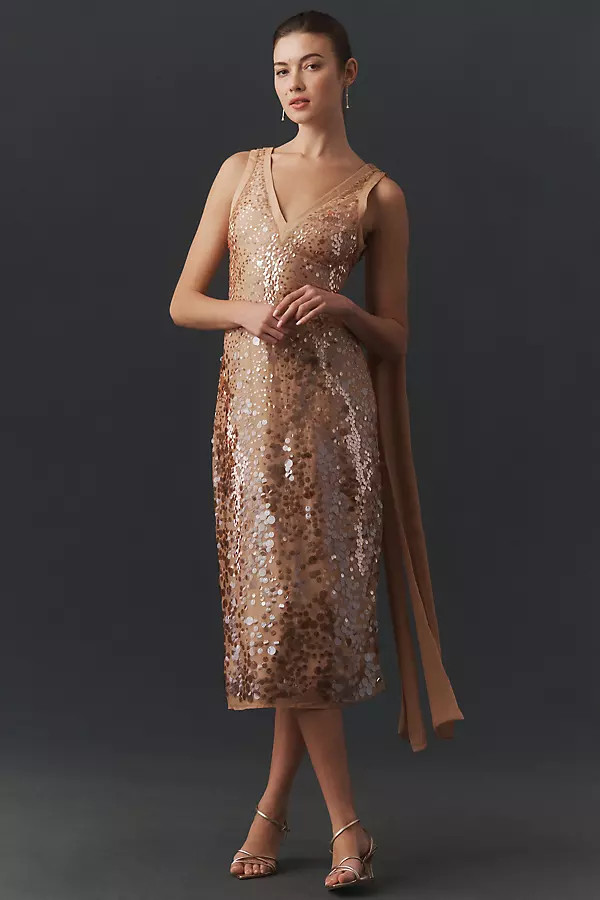 BHLDN Bella Plunged Sequin Midi Dress | Anthropologie (US)