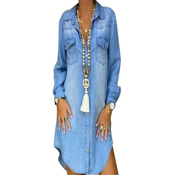 Spring hue Women Lapel Buttons Denim Long Sleeve V-Neck Maxi Dress | Walmart (US)